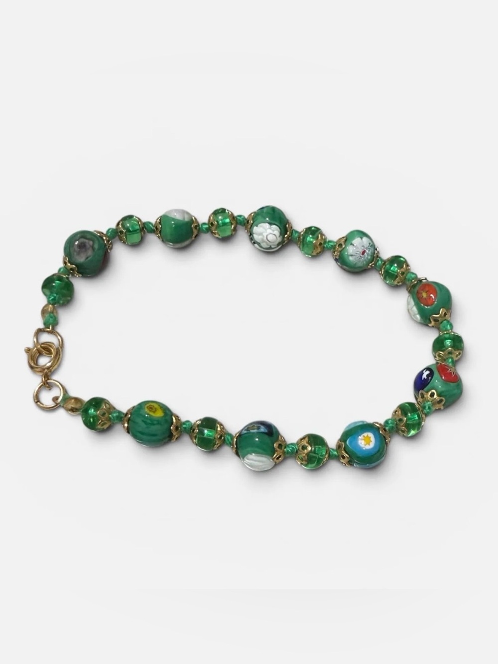 Murano Glass Green Multi-Color Mosaic Eyes Floral Handmade Venice Italy Bracelet